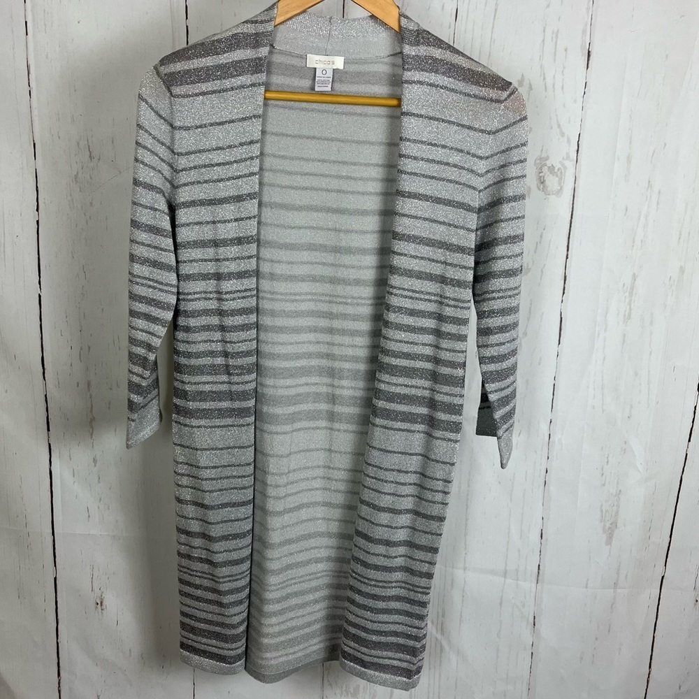 Chico’s metallic silver open front cardigan duster gray stripes size 0 small